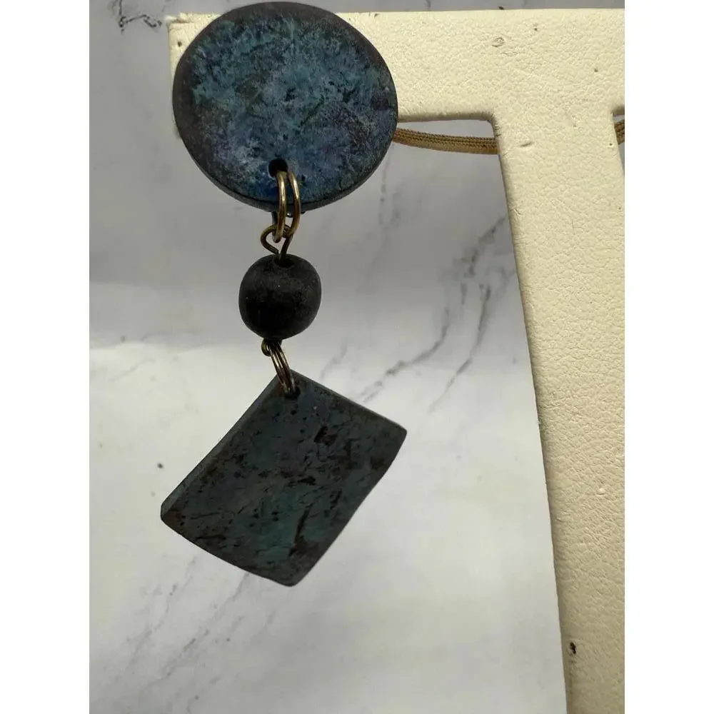Vintage 80s Mystical Patina Geometric Drop Earrings